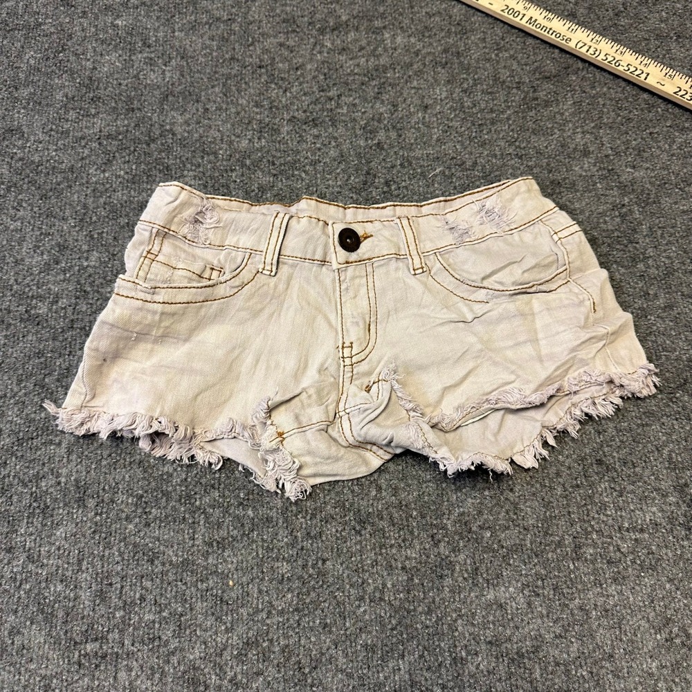 Unbranded Denim Shorts Womens Size M Tan Distressed Frayed Hem Low Rise Stretch